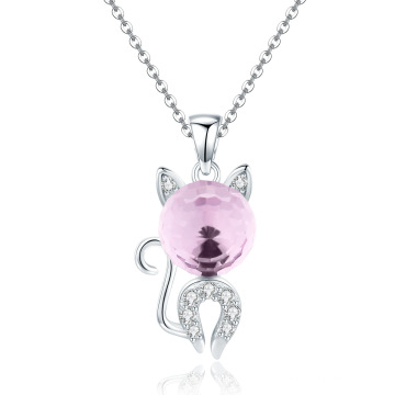 Lovely Cat Pink Crystal CZ Sterling 925 Sterling Silver Pendant